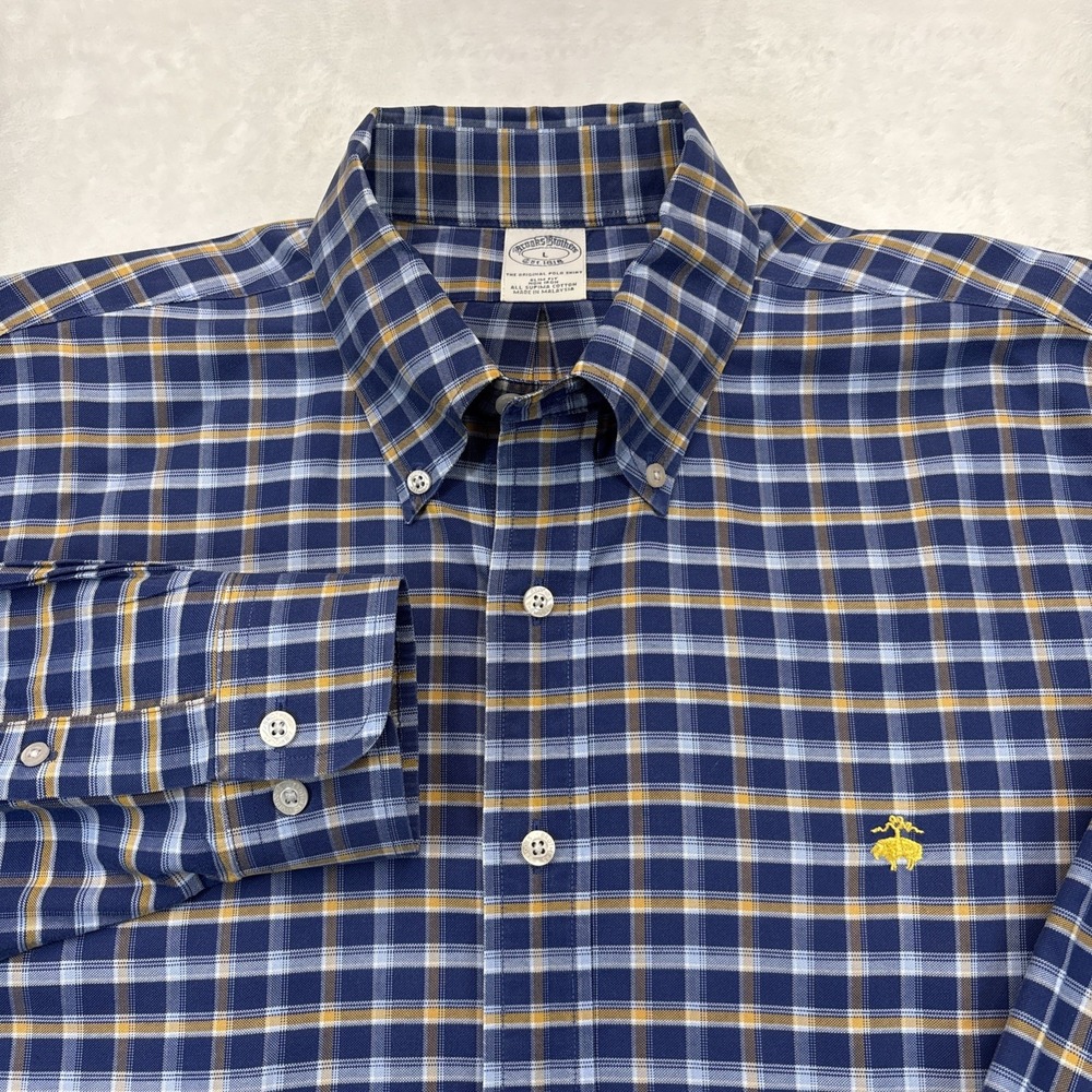 Brooks Brothers Original Polo Shirt Slim Fit Mens L Blue Plaid Supima Cotton
